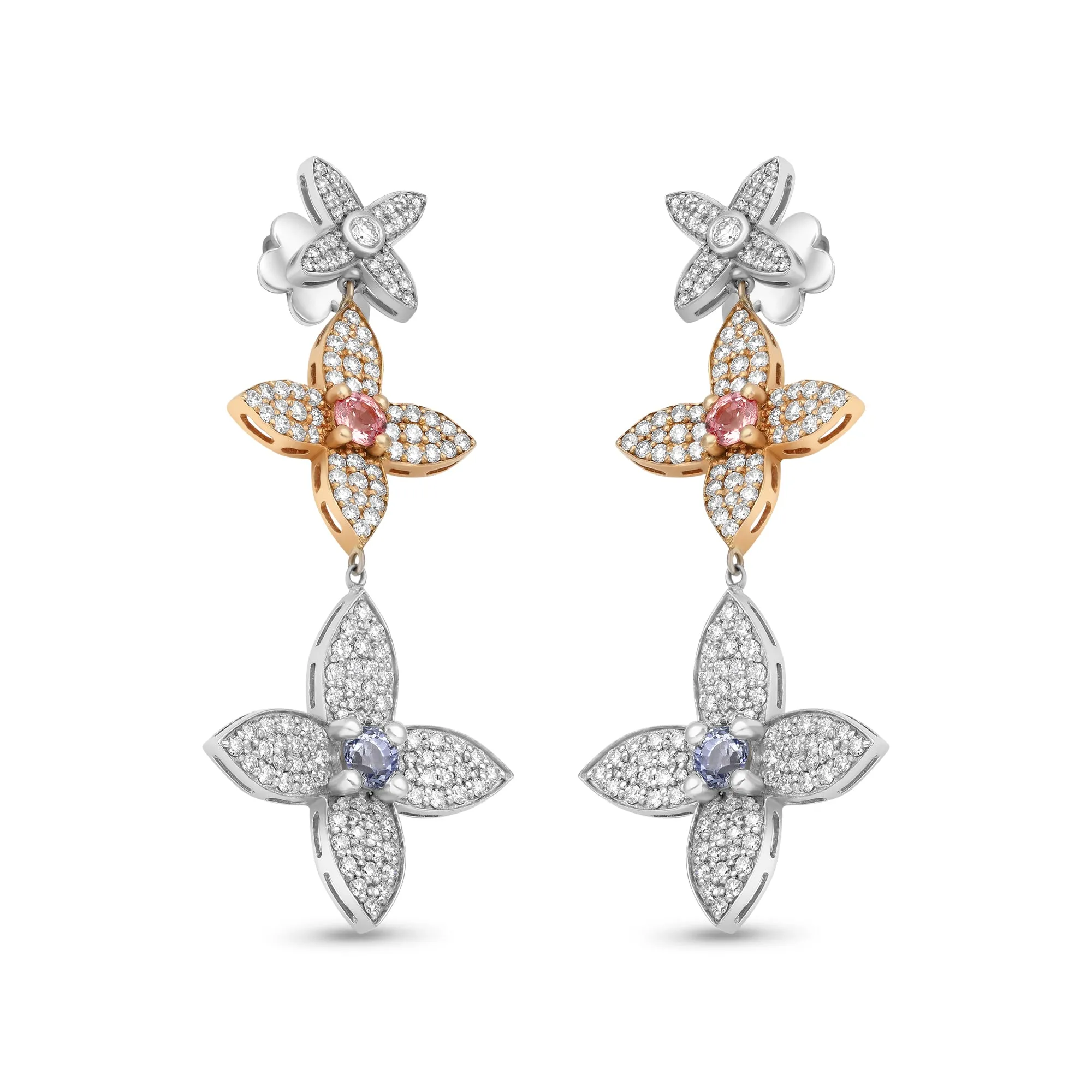 Four Leaf Clover Diamond and Sapphire Dangling Earrings - 3.5 Carat