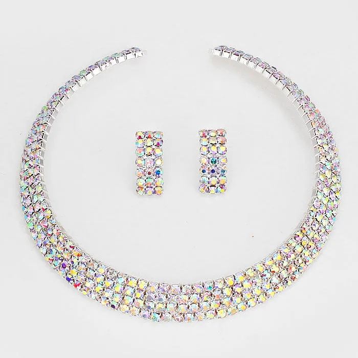 Four Row AB Crystal Rhinestone Choker and Earrings | 207802
