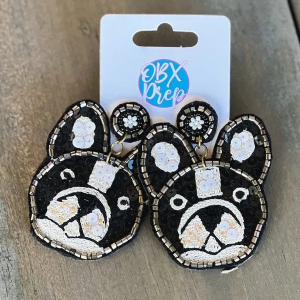 French Bulldog Frenchie Black and White Seed Bead Dangle Earrings