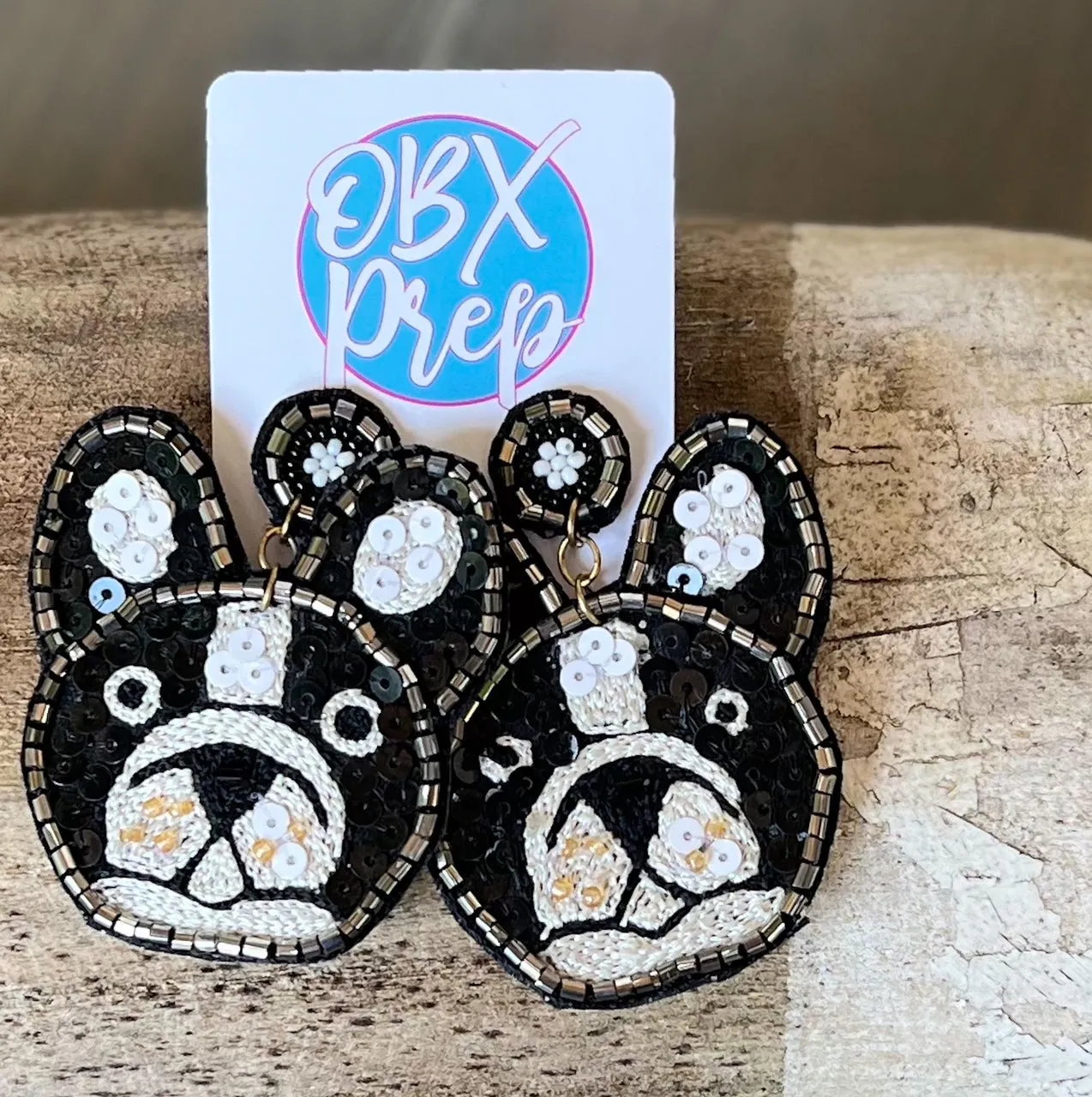 French Bulldog Frenchie Black and White Seed Bead Dangle Earrings