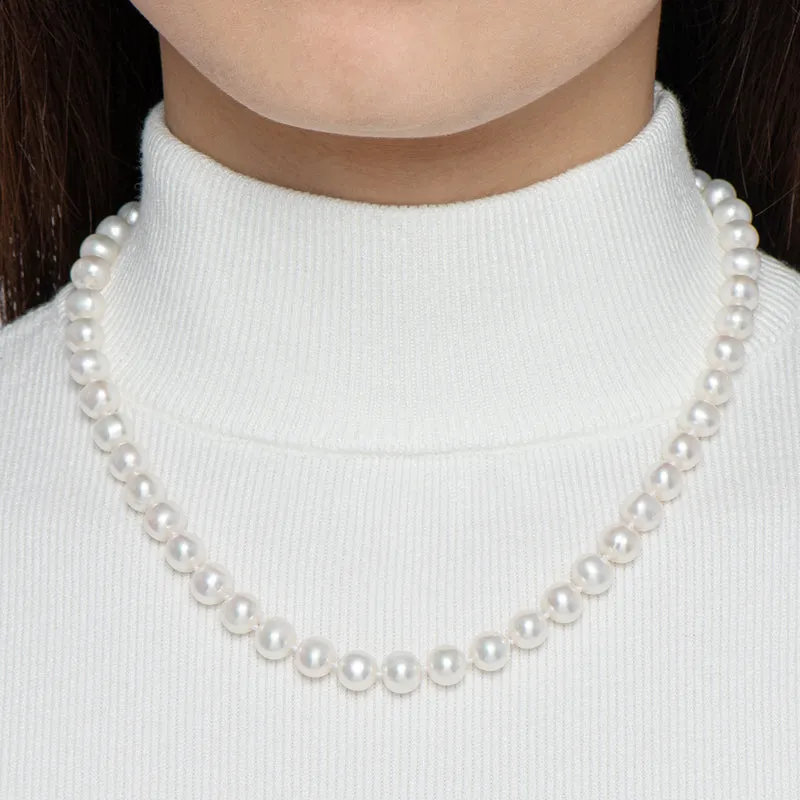 Freshwater Cultured White Pearl Necklace Oval Buckle