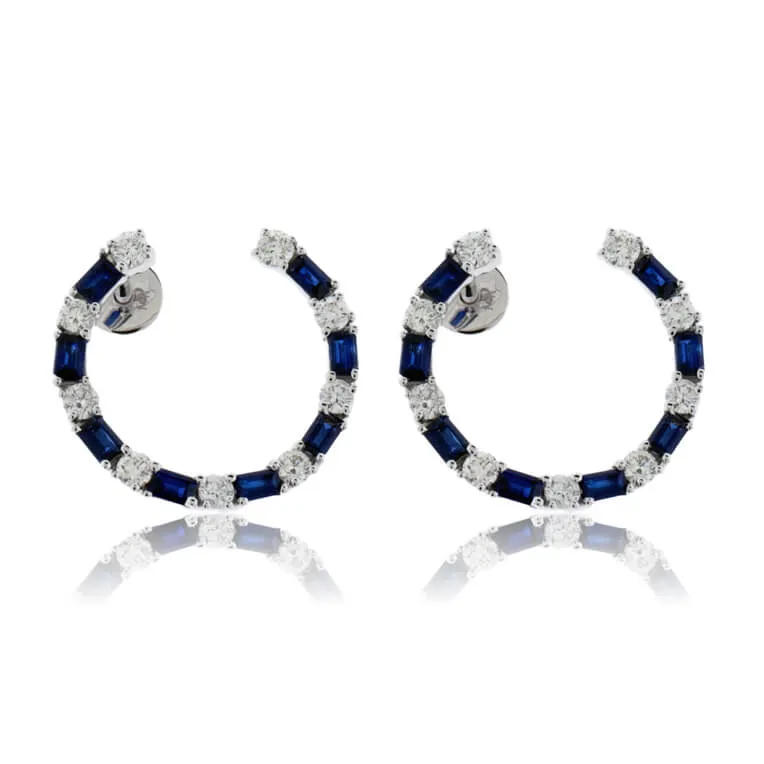 Front Facing Blue Sapphire & Diamond Hoop Earrings