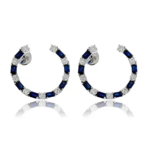 Front Facing Blue Sapphire & Diamond Hoop Earrings
