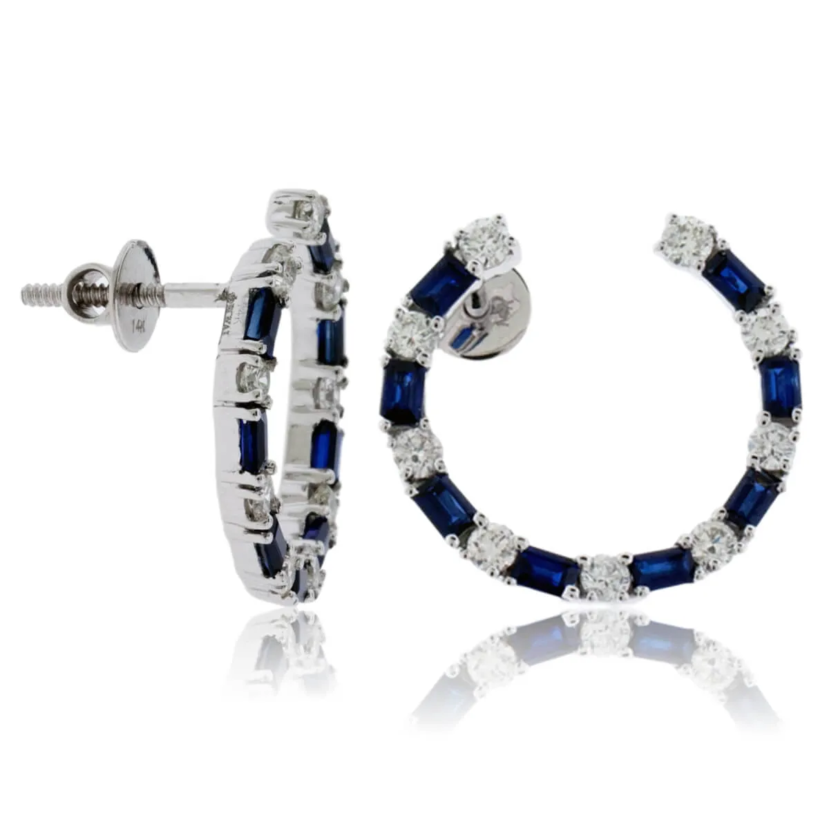 Front Facing Blue Sapphire & Diamond Hoop Earrings