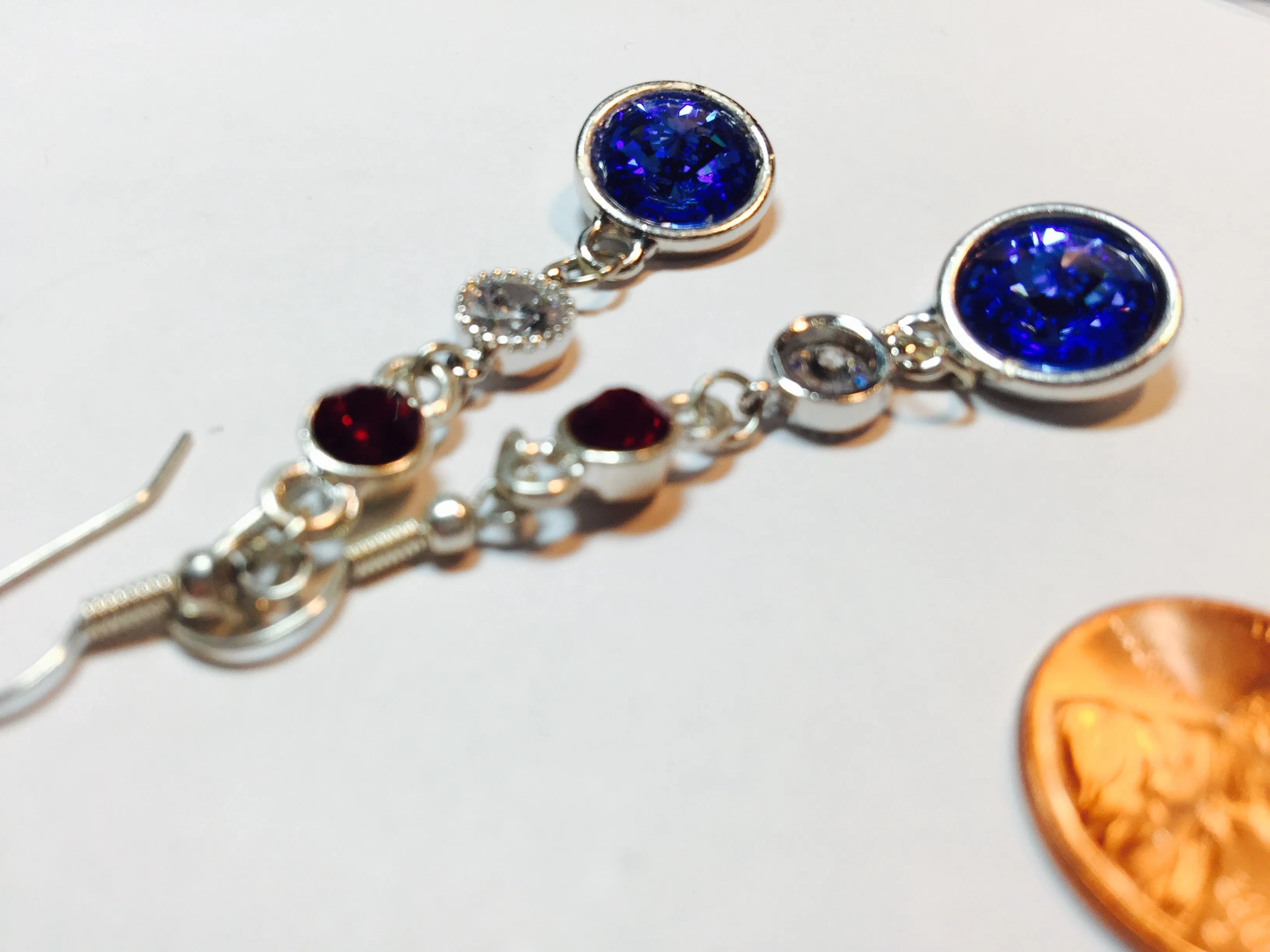 G. FLEMING - Swarovski Rivolis in Red, White and Blue, 3 tier dangle earrings