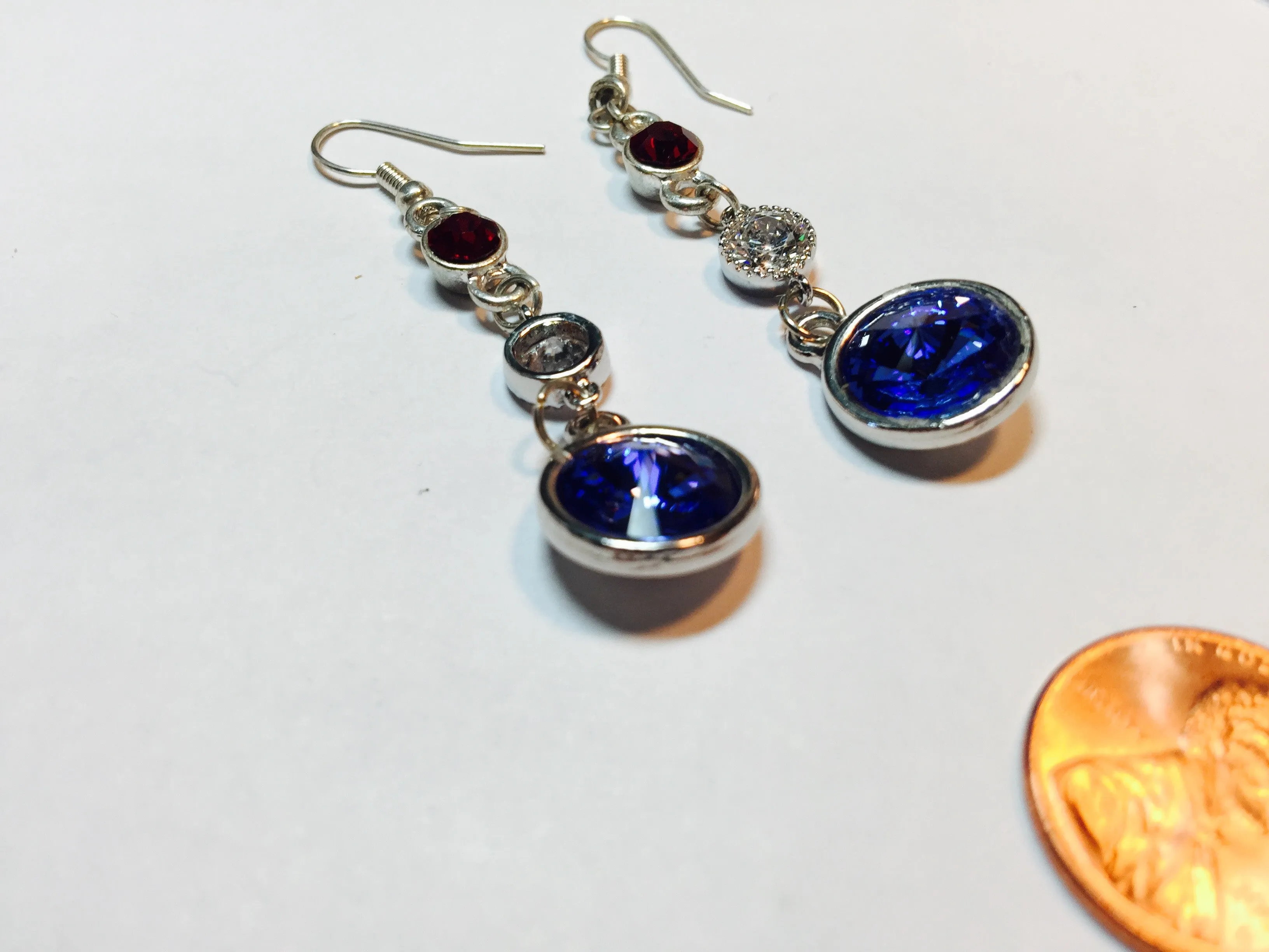 G. FLEMING - Swarovski Rivolis in Red, White and Blue, 3 tier dangle earrings