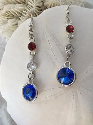 G. FLEMING - Swarovski Rivolis in Red, White and Blue, 3 tier dangle earrings
