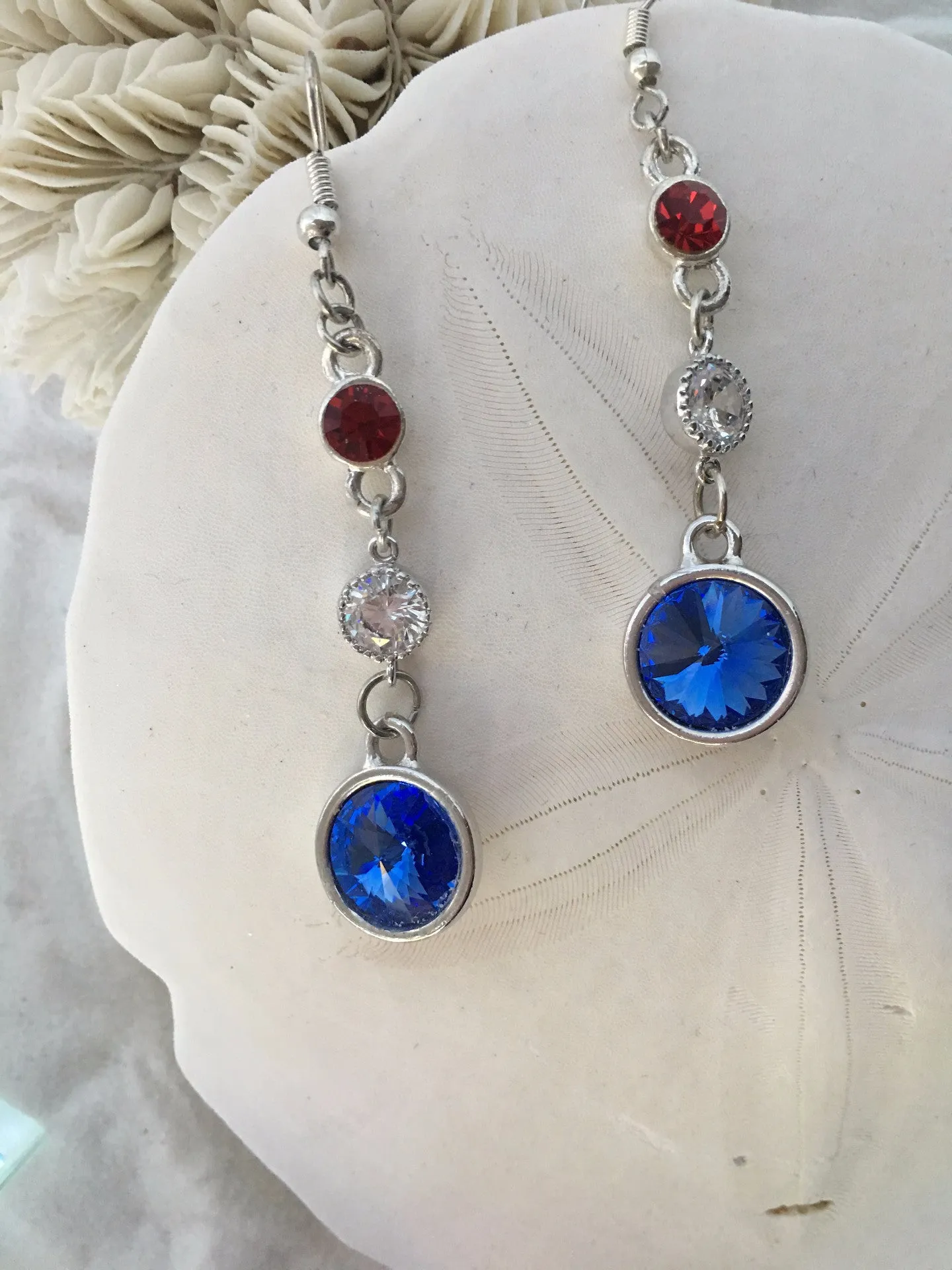 G. FLEMING - Swarovski Rivolis in Red, White and Blue, 3 tier dangle earrings