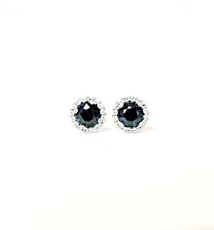 Genuine Round Blue Sapphire Earrings Surrounded by a Diamond Halo