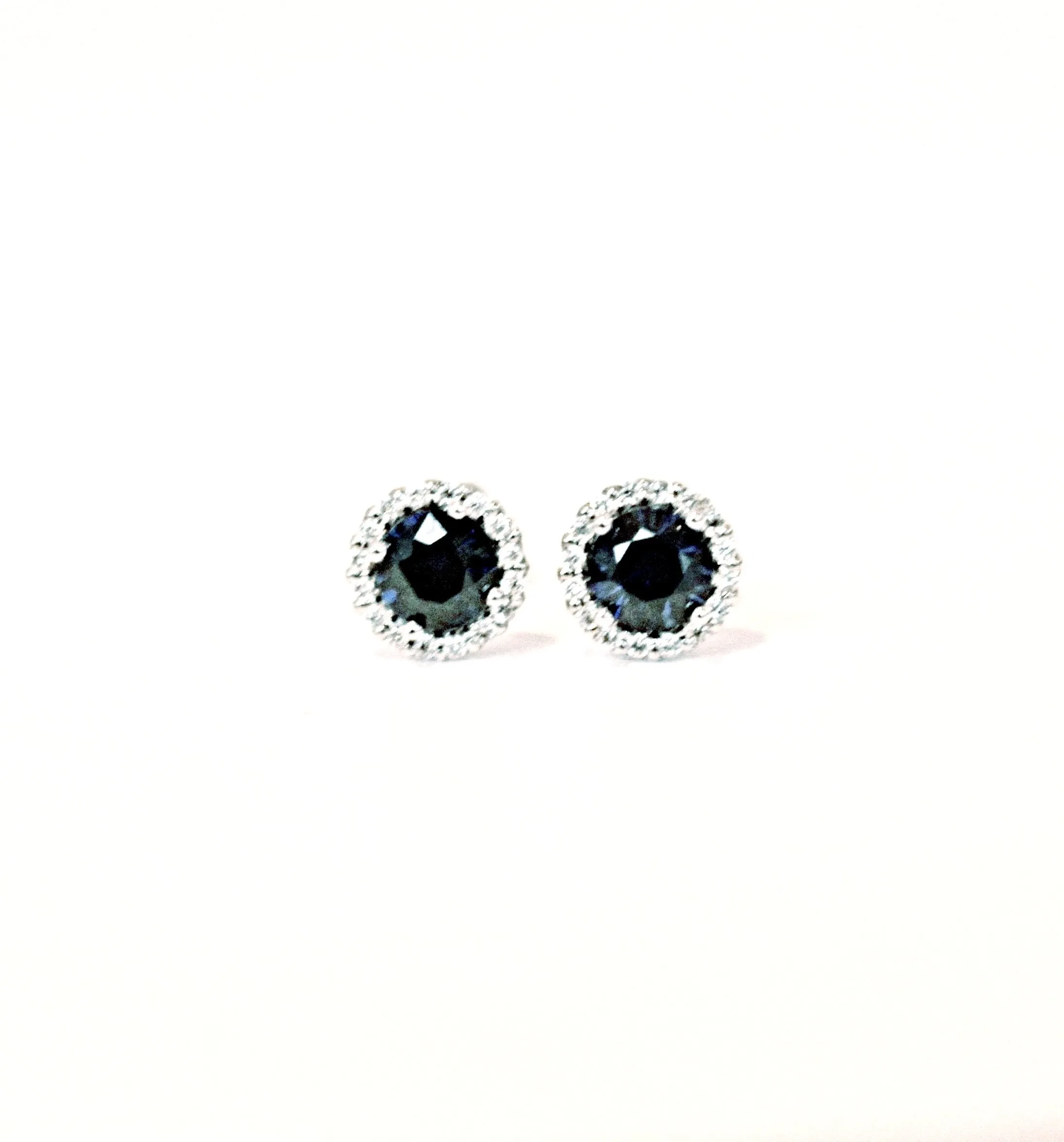 Genuine Round Blue Sapphire Earrings Surrounded by a Diamond Halo