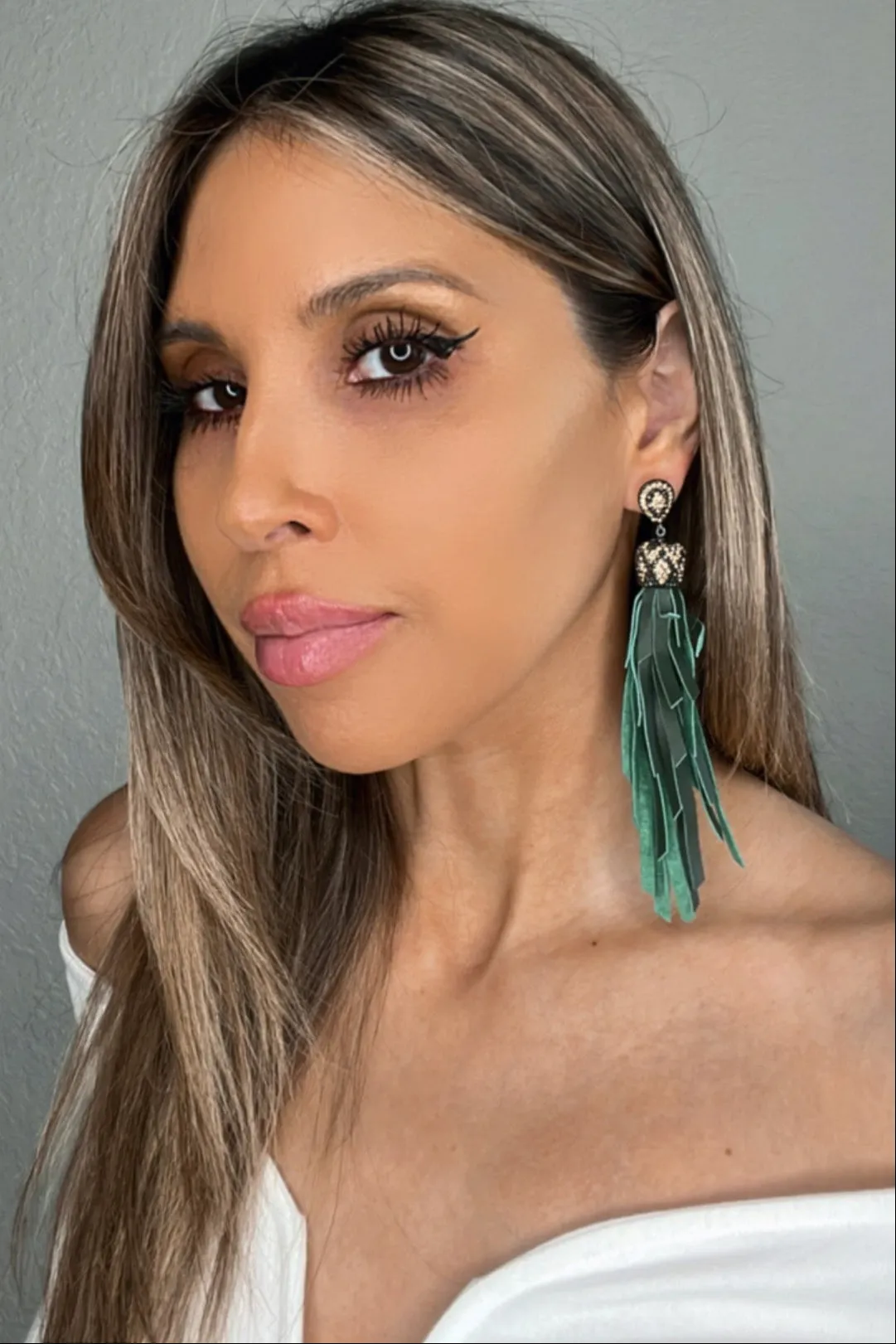 Gold & Silver Crystal Green Leather Tassel Earring