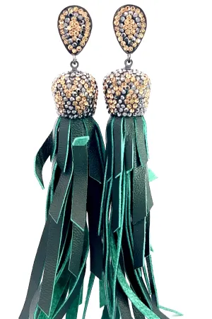 Gold & Silver Crystal Green Leather Tassel Earring