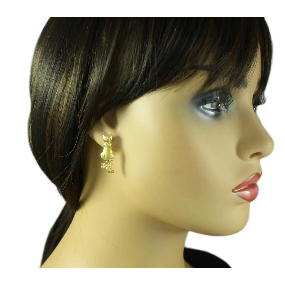Gold Cat with Crystal Collar Pierced Earring - RAP111E