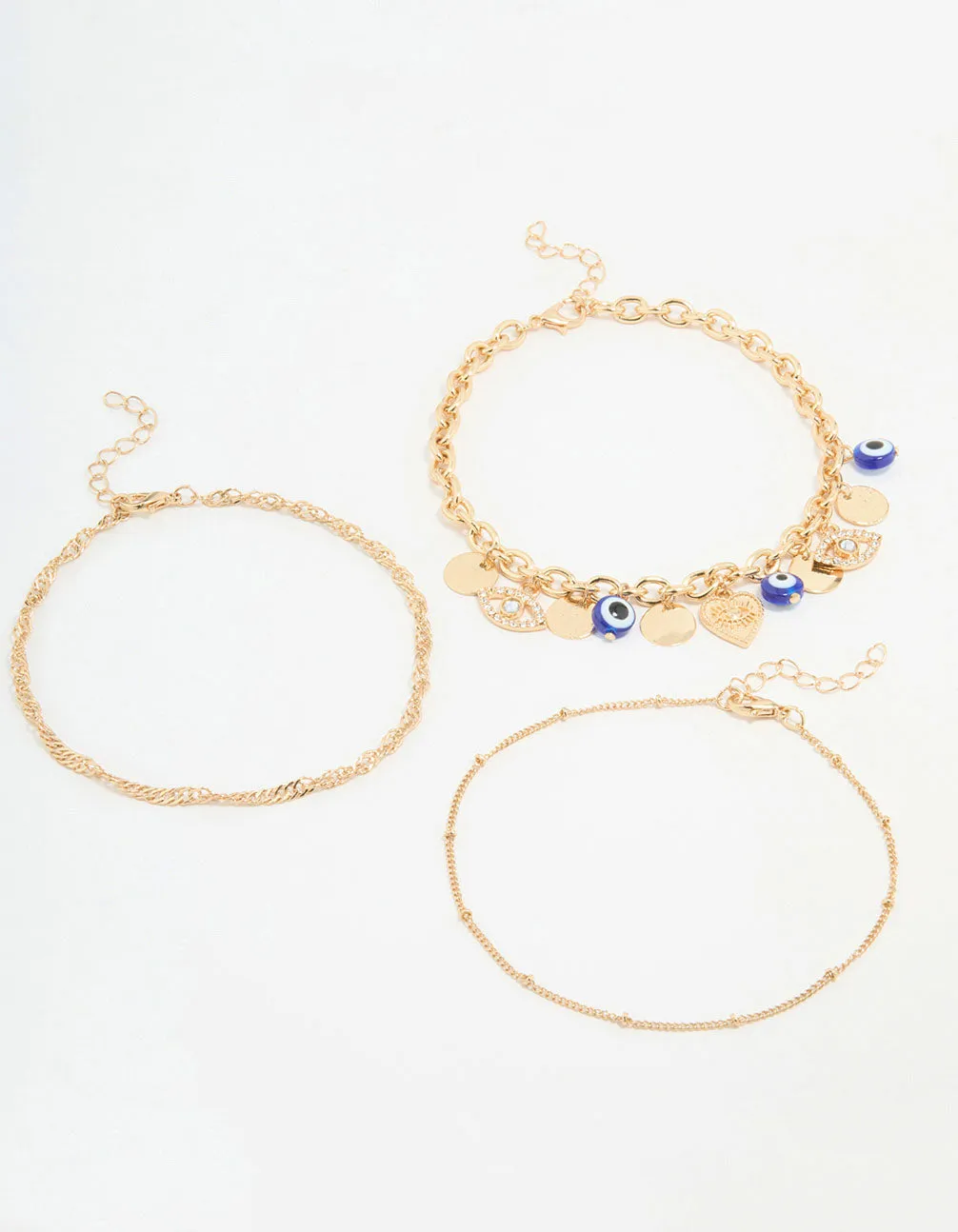 Gold Chain & Evil Eye Charm Bracelets 3-Pack