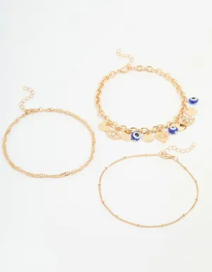 Gold Chain & Evil Eye Charm Bracelets 3-Pack