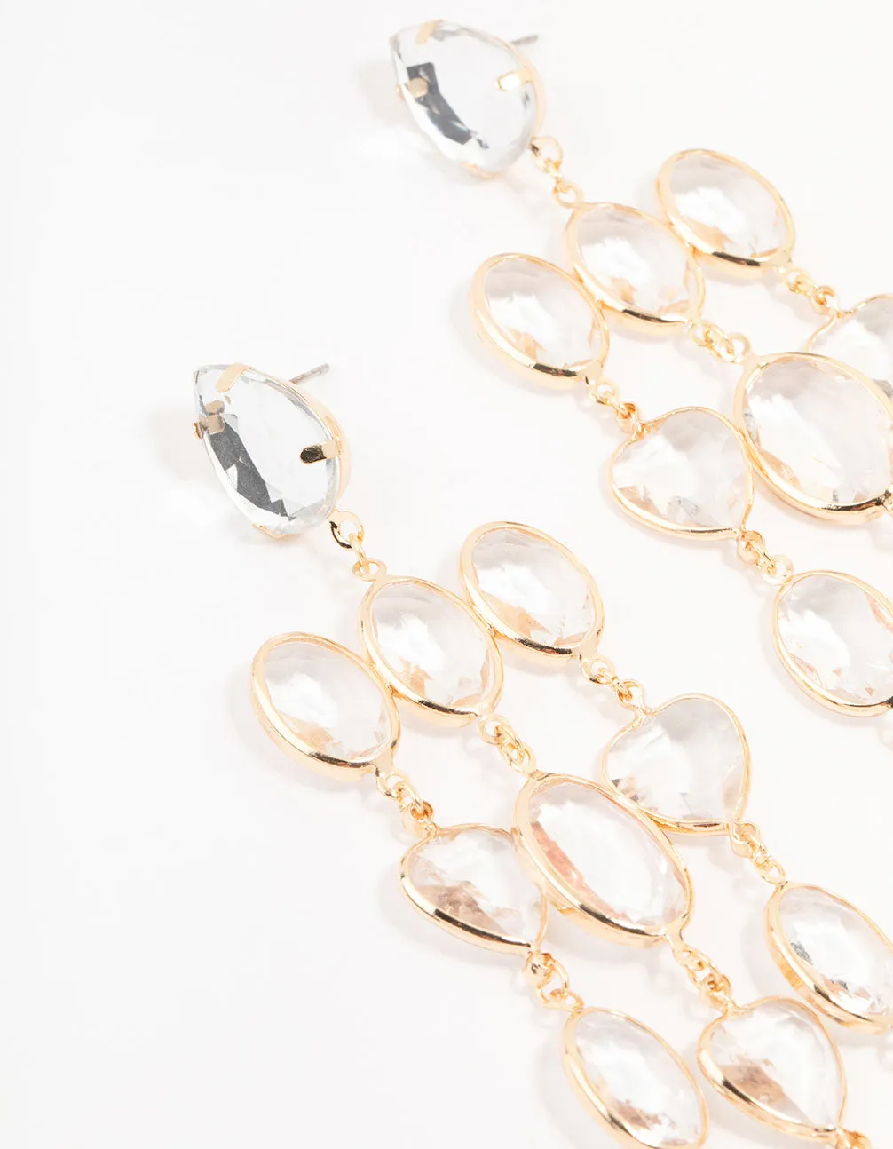 Gold Clear Crystal 3 Row Drop Earrings