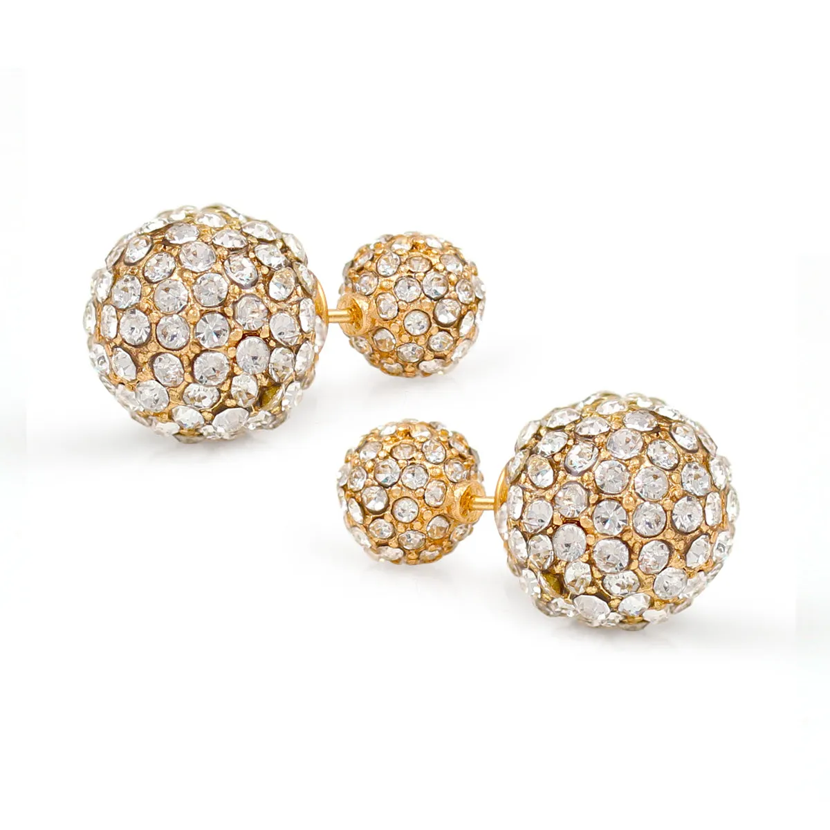 GOLD CRYSTAL DOUBLE BALL STUD EARRINGS #SQ1946G (DF9)