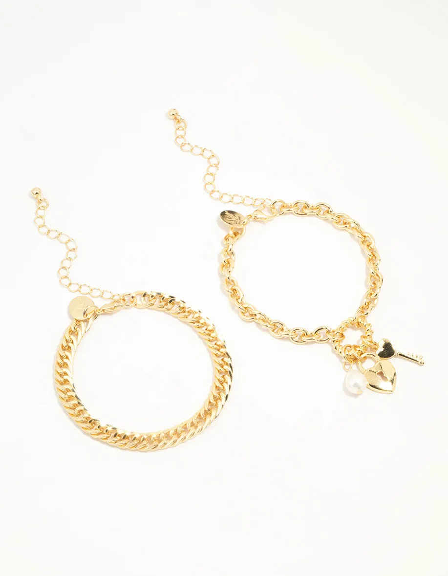 Gold Plated Chain & Lock Charm Bracelets 2-Pack