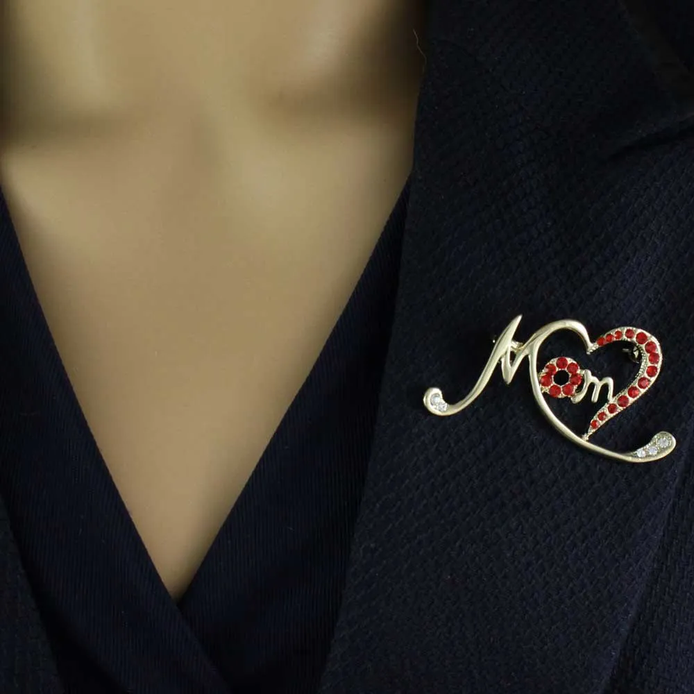Gold Stylized Red Crystal Heart MOM Pin and Earring Set - PRF323BS