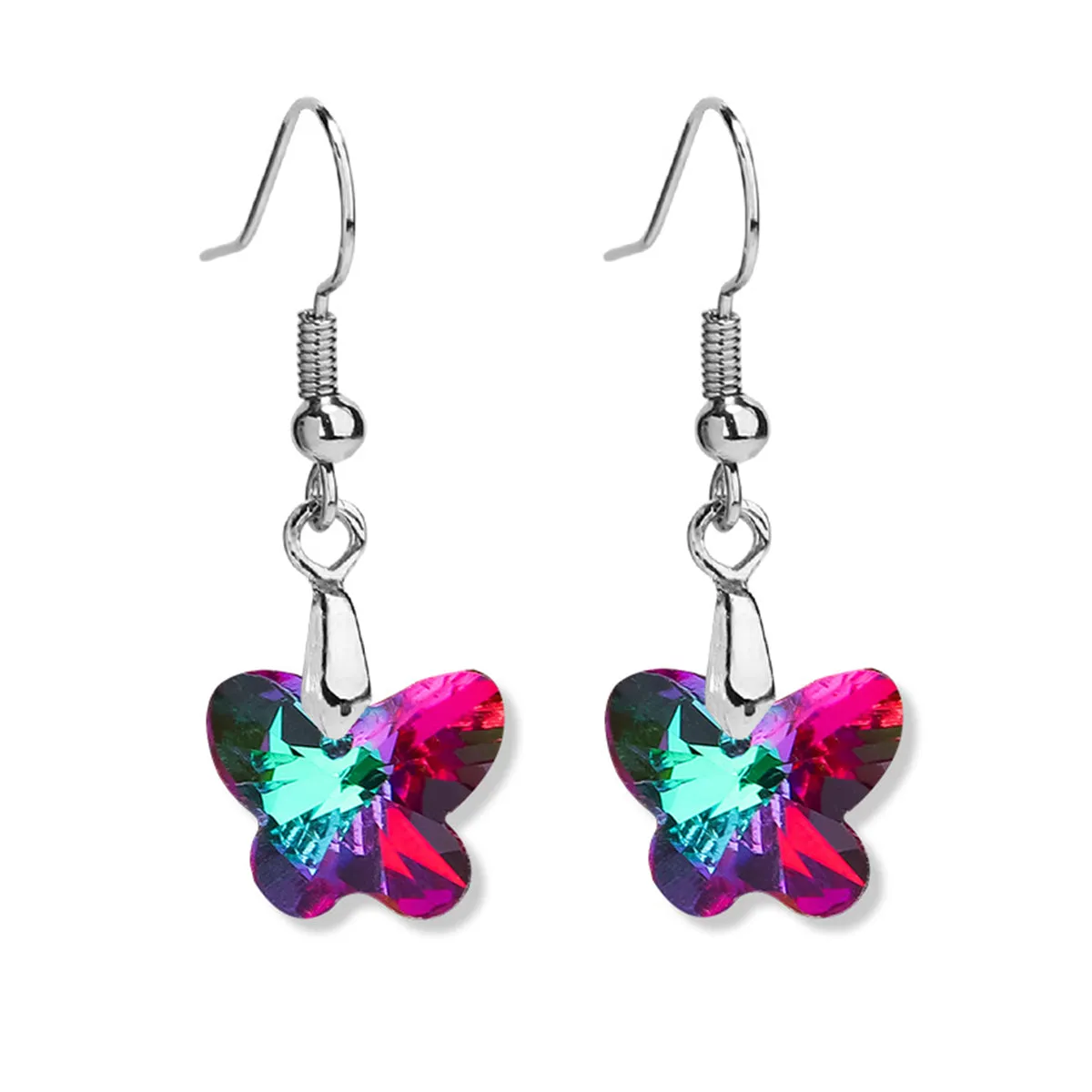 Green & Purple Crystal Butterfly Drop Earrings