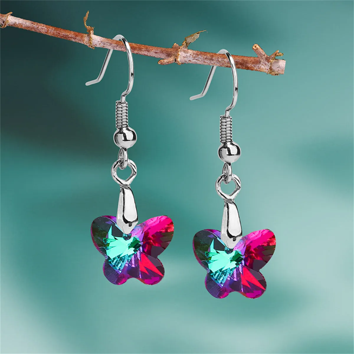 Green & Purple Crystal Butterfly Drop Earrings