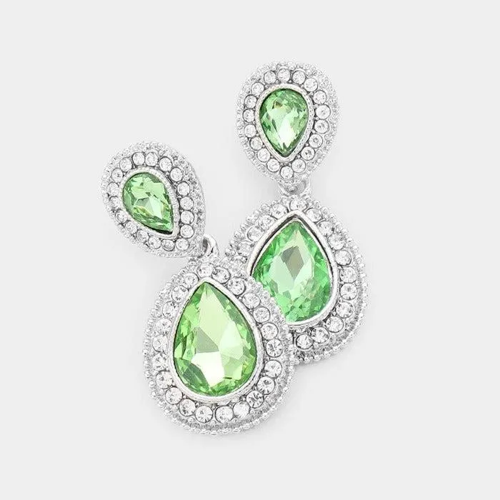 Green Crystal Pave Silver Evening Earrings