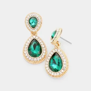 Green Crystal Teardrop Gold Earrings