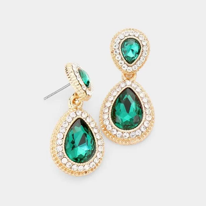 Green Crystal Teardrop Gold Earrings