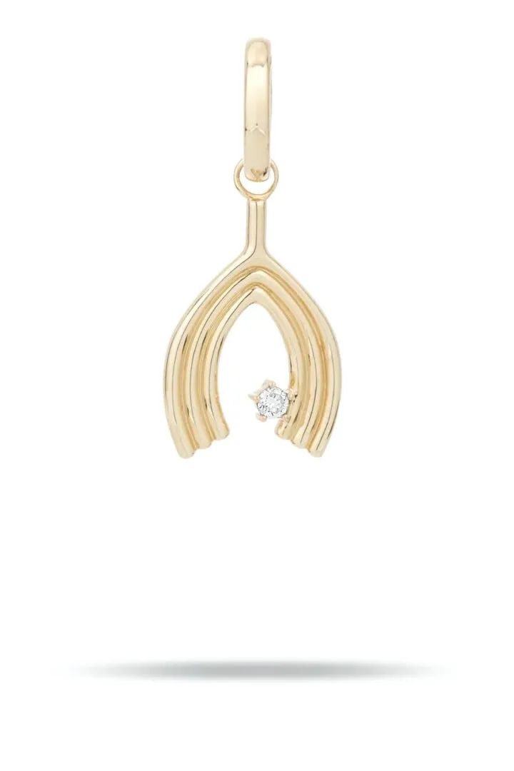Groovy Large Diamond Wishbone Charm - 14K Yellow Gold