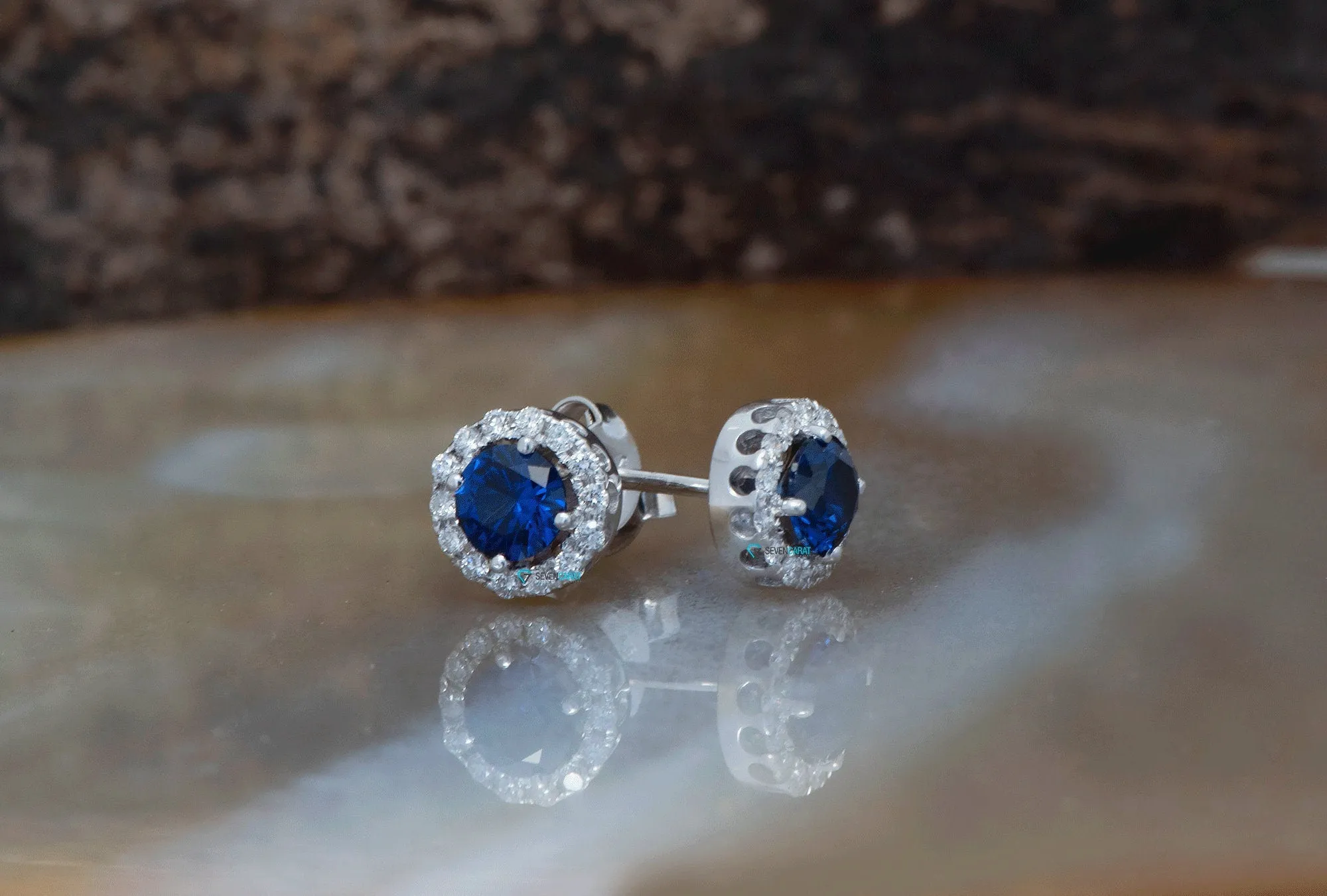 Halo sapphire earrings-Diamond stud Earrings-Gold earrings-Solid gold earrings-Gold stud earrings-Sapphire earrings stud-Sapphire earrings