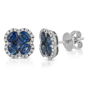 Halo Setting 0.28 ct. Ceylon Sapphire & Diamond Flower Stud Earring in 18k White gold
