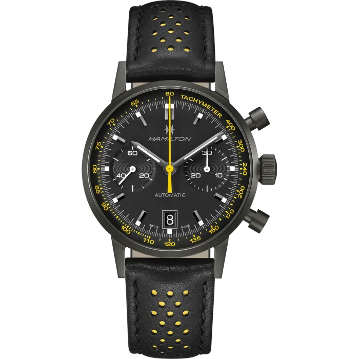 Hamilton American Classic Intra-Matic Auto Chrono on Leather Black PVD with Yellow