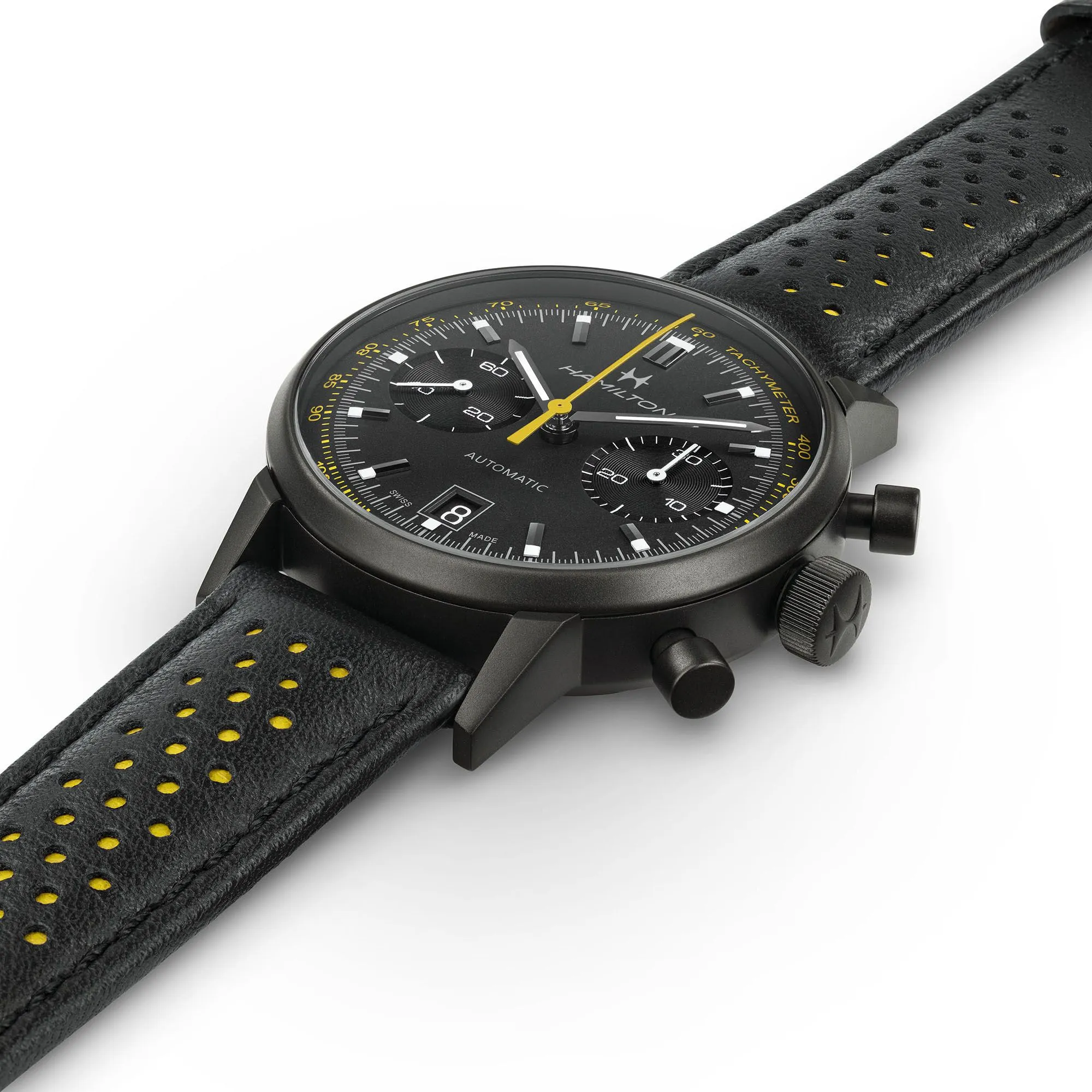 Hamilton American Classic Intra-Matic Auto Chrono on Leather Black PVD with Yellow