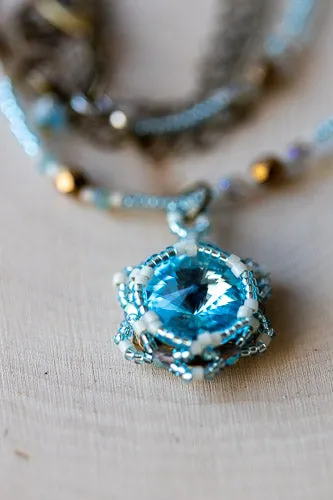 Handwoven Lotus Flower Necklace | Aqua Blue Crystal & Brass