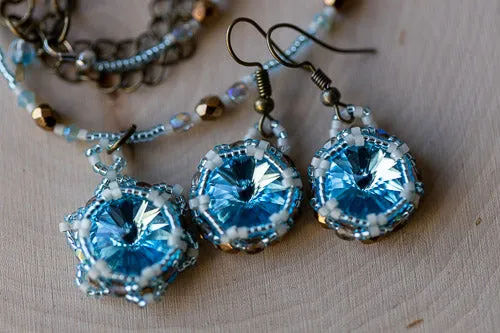 Handwoven Lotus Flower Necklace | Aqua Blue Crystal & Brass