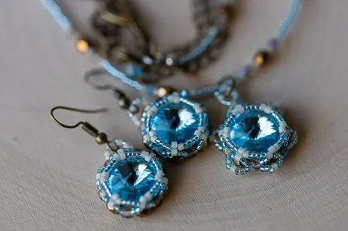 Handwoven Lotus Flower Necklace | Aqua Blue Crystal & Brass