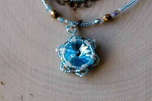 Handwoven Lotus Flower Necklace | Aqua Blue Crystal & Brass