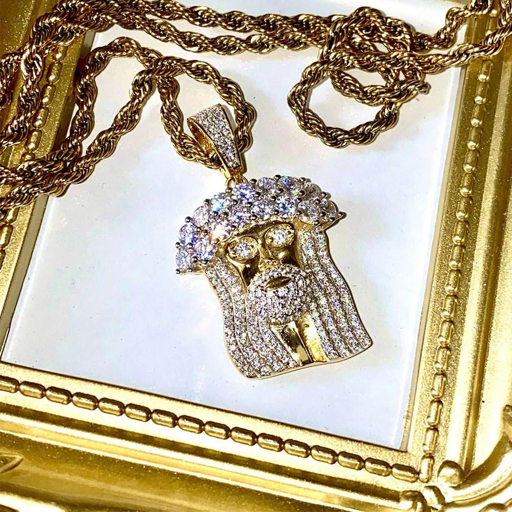 Hiphop 925 Silver Iced Out Crystal Jesus Christ Piece Head Face Pendants Necklaces Gold Chain For Men