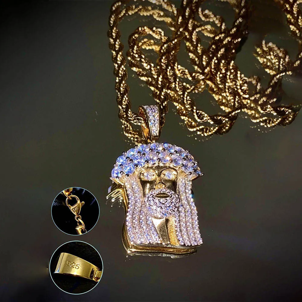 Hiphop 925 Silver Iced Out Crystal Jesus Christ Piece Head Face Pendants Necklaces Gold Chain For Men