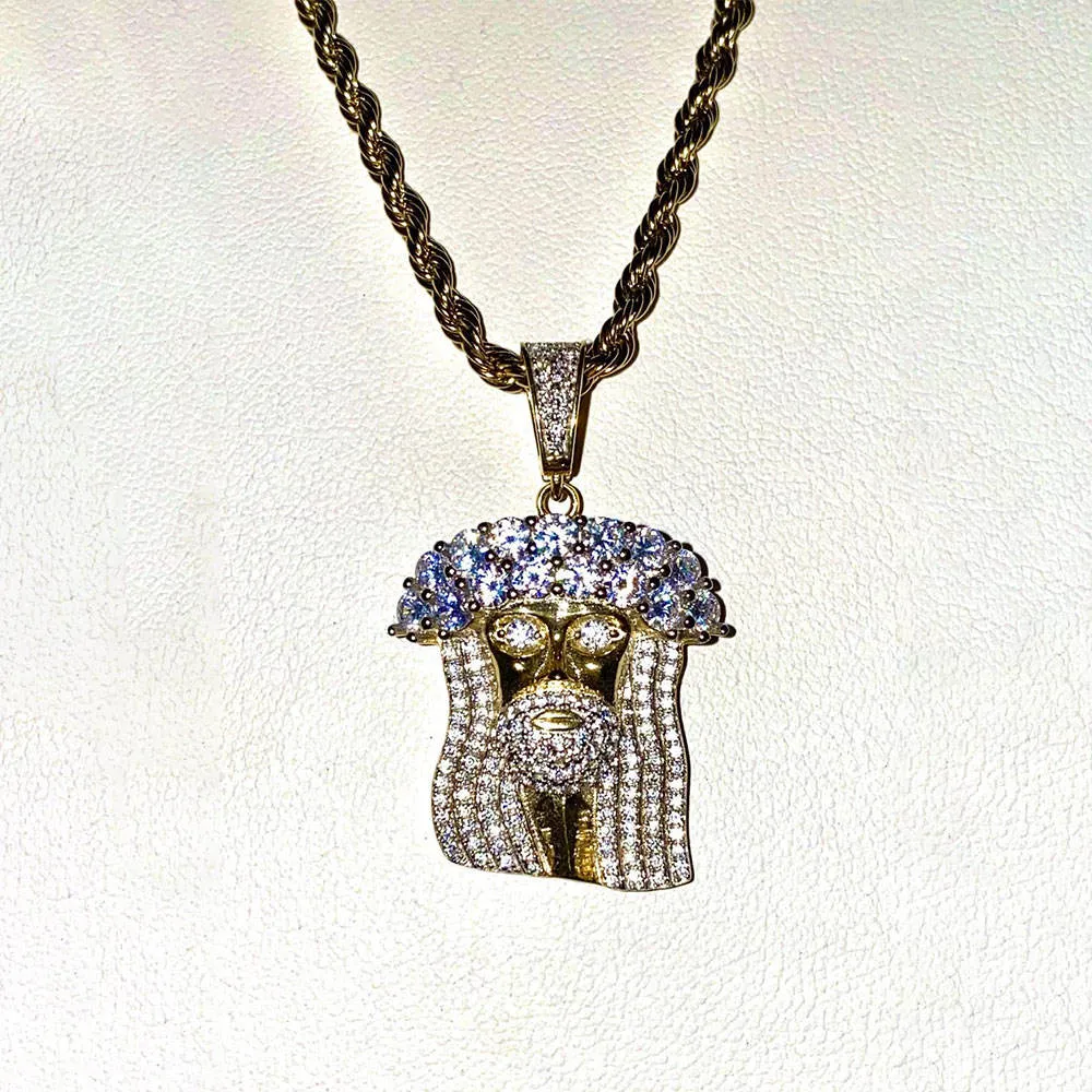 Hiphop 925 Silver Iced Out Crystal Jesus Christ Piece Head Face Pendants Necklaces Gold Chain For Men