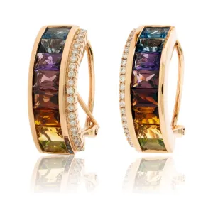 Huggie Style Rainbow Mixed Gemstone & Diamond Earrings