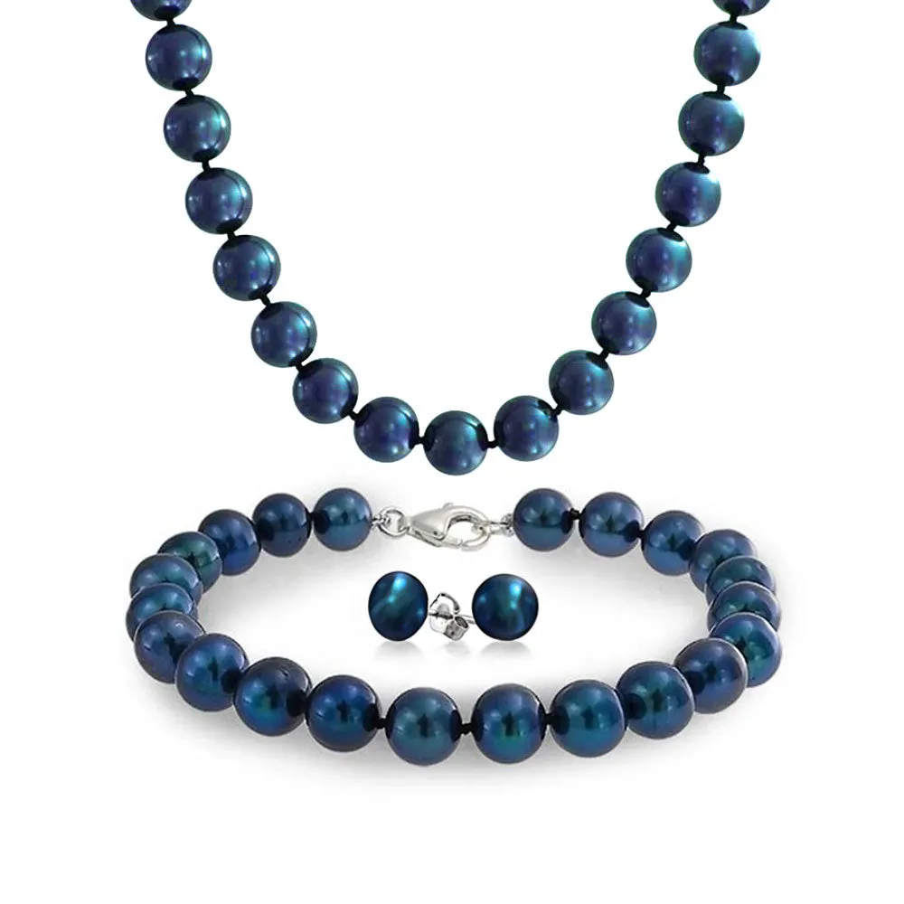 Iridescent Peacock Pearl Jewelry Set Necklace, Bracelet and Earrings 3PCS