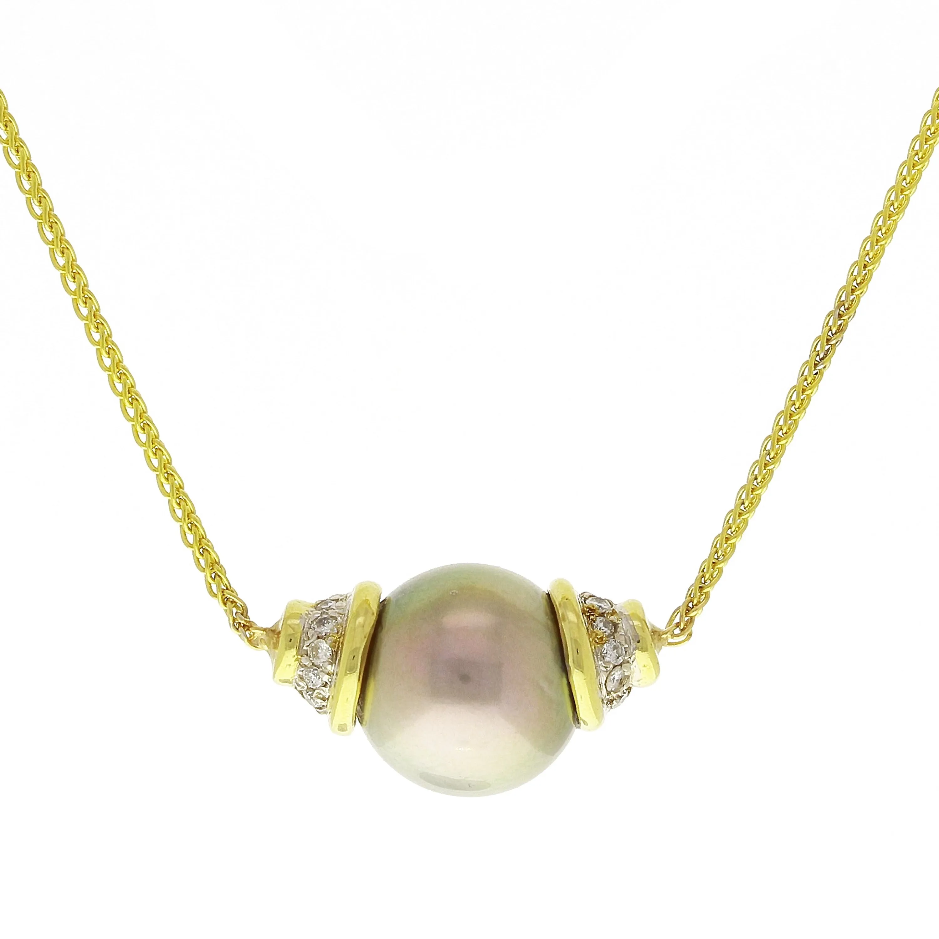 Italian 14k Yellow Gold 12mm Black Cultured Tahitian Pearl Diamond Necklace
