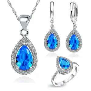 Jewelry Sets Water Drop Cubic Zirconia CZ Stone 925 Sterling Silver Earrings Necklaces Finger Rings