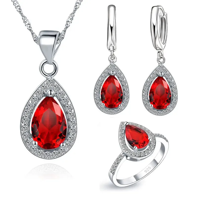 Jewelry Sets Water Drop Cubic Zirconia CZ Stone 925 Sterling Silver Earrings Necklaces Finger Rings