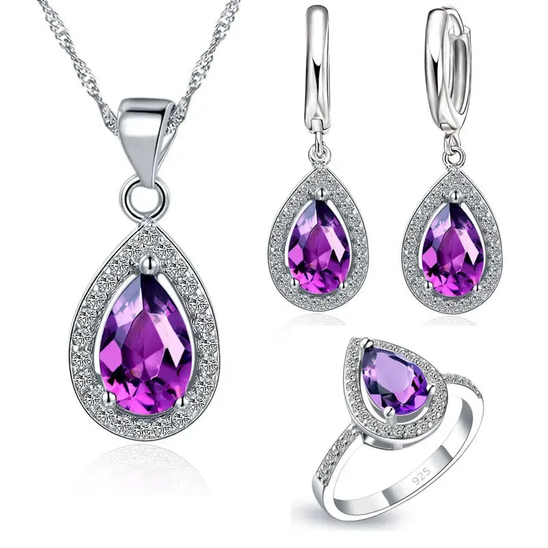 Jewelry Sets Water Drop Cubic Zirconia CZ Stone 925 Sterling Silver Earrings Necklaces Finger Rings