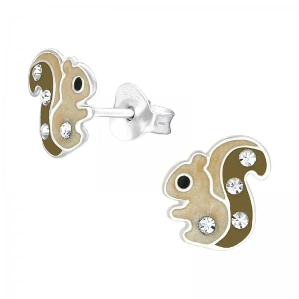 Kids Silver Crystal Squirrel Stud Earrings