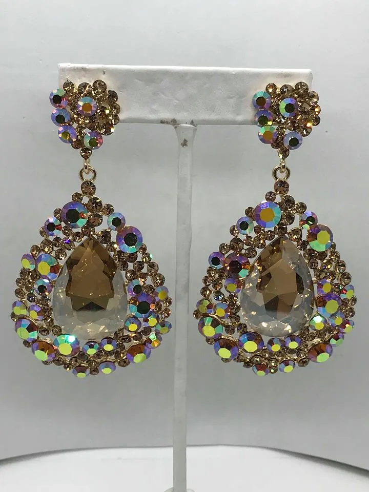 Large Gold Stoned Crystal Earrings on Silver | Gold Pageant Earrings | H202-7