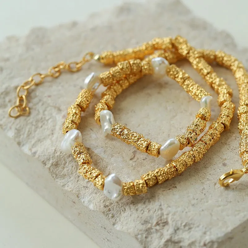 Lava Metal Fragment and Baroque Pearl Beaded Necklace