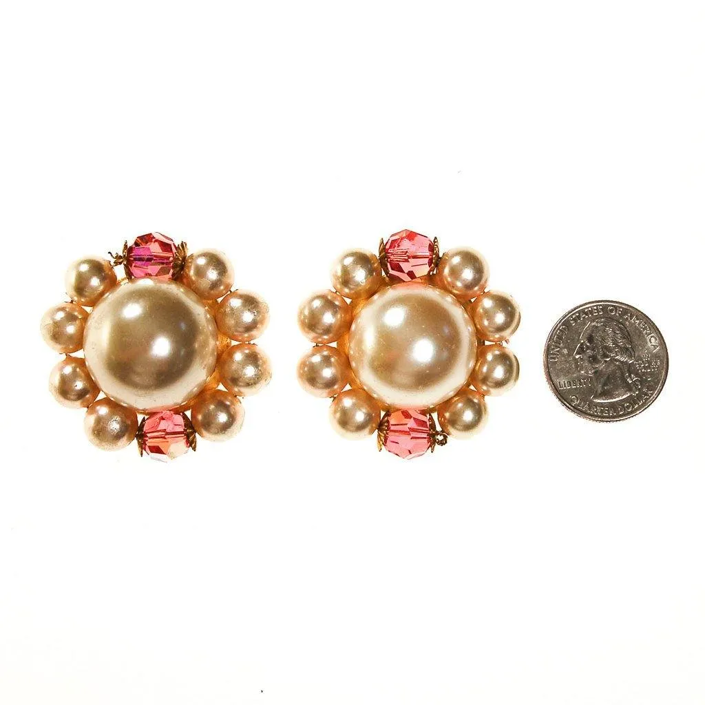 Les Bernard Pearl and Pink Crystal Statement Earrings